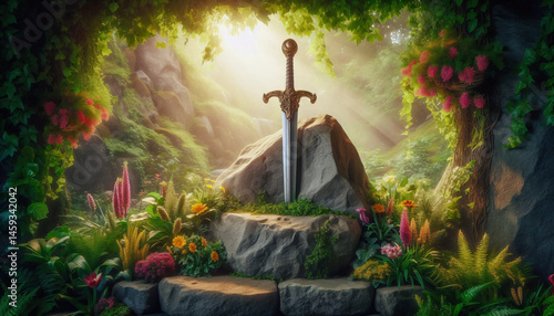 Excalibur, sword stuck in stone in fantasy forest illustration