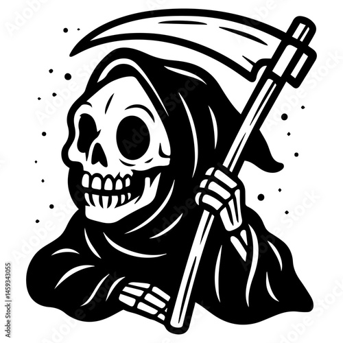 Grim Reaper smiling with scythe, bold black and white cartoon line art, humorous death illustration, vector for tattoo, shirt, print or laser cutting
