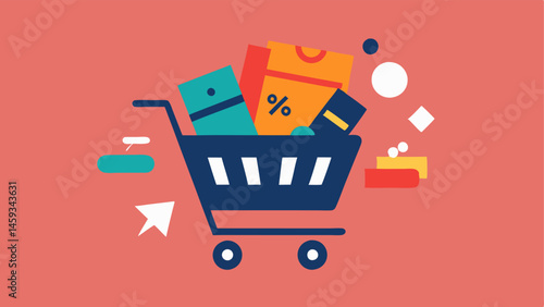 Shopping Cart Overflow An online shopping cart icon fills up with various items like clothing and gadgets as SALE banners float around it suggesting a rush to checkout.
