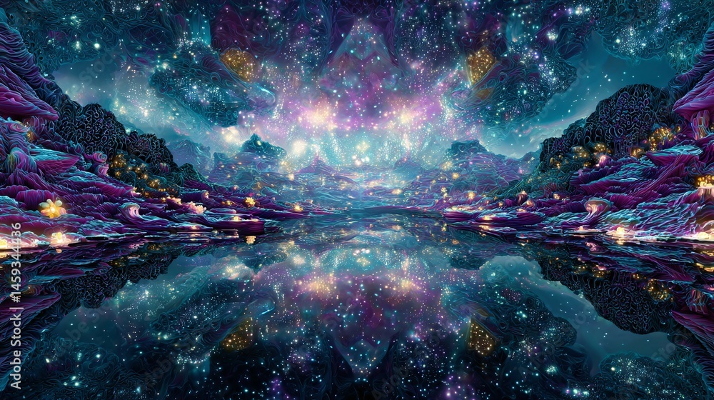 custom made wallpaper toronto digitalAbstract landscape with water reflection showing a colorful night sky and mountains.