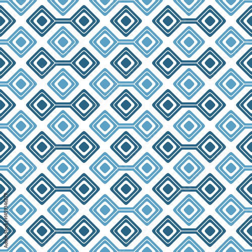 Abstract motif with small blue geometric shapes repeated on a white background. Modern and simple style. Seamless repeating pattern. Vector illustration.