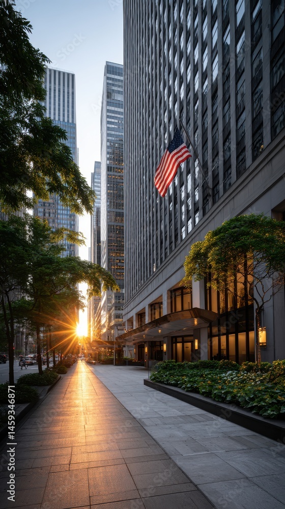 Fototapeta premium Sunrise cityscape with American flag urban street scene business district early morning light buildings trees pavement sidewalk