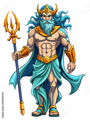 perfact god Poseidon , smart ,full body , full color  , realistic , white background