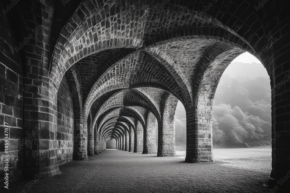 Obraz premium Repeating stone arches leading toward fog