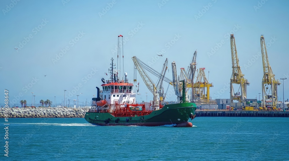 Industrial ocean transport ship flanked by coastal cranes and port walls