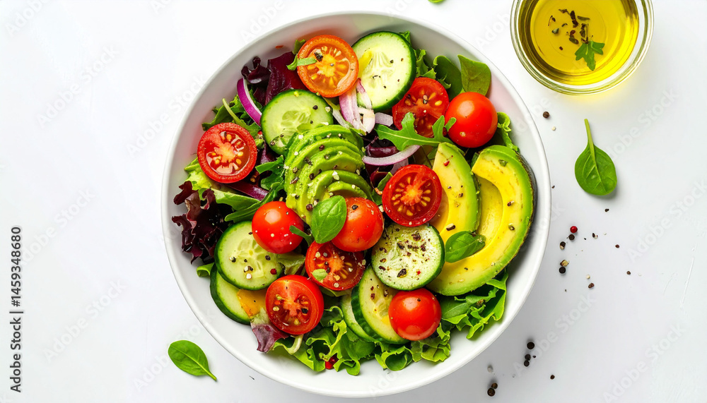 a white bowl contains a colorful, fresh salad filled with greens, sliced cucumbers, halved cherry items, and creamy avocado a white bowl contains a colorful, fresh salad filled with greens, sliced cucumbers, halved cherry items, and creamy avocado