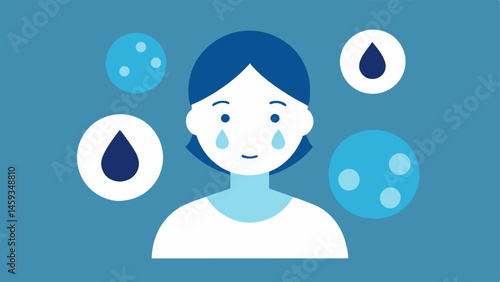 Hydration Focus An illustration of a person applying a sheet mask with a droplet icon representing hydration and tiny exosome symbols cascading around to signify rejuvenation.