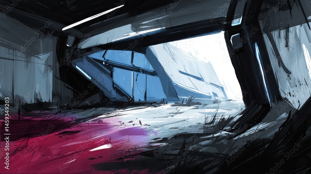 Obraz premium Futuristic angular structure digital painting in blues and grays with abstract brushstrokes and purplish-red stain