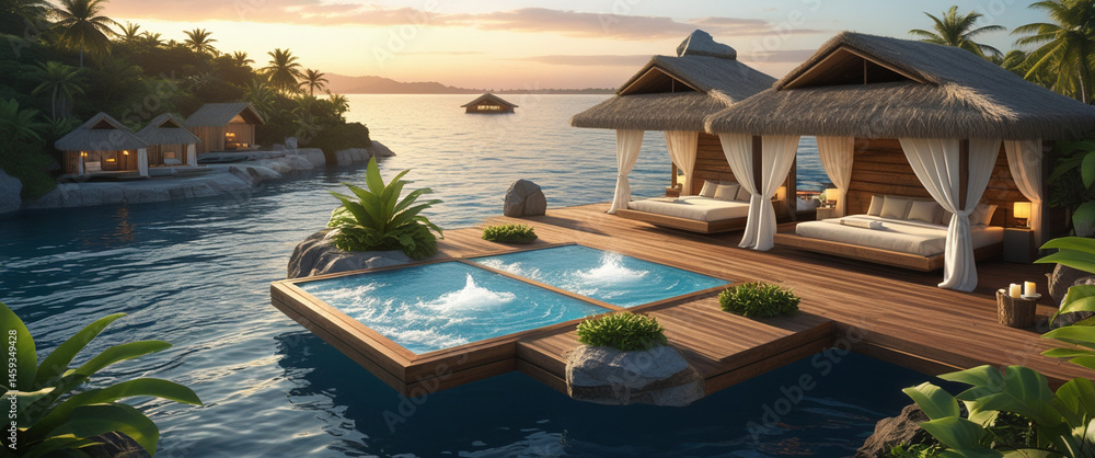 Fototapeta premium Luxurious tropical resort with private cabanas overlooking a tranquil lagoon at sunset