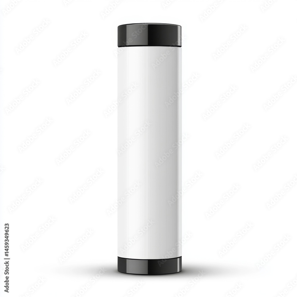 Cylindrical white container with black caps. Empty product packaging mockup Cylindrical white container with black caps. Empty product packaging mockup