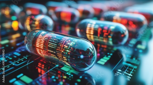Intelligent pills surrounded by synthetic biology data and neural network pulses