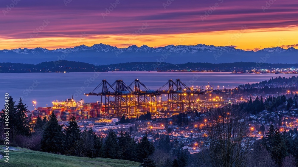Obraz premium Large container port with cranes moving freight onto international shipping vessels at dusk