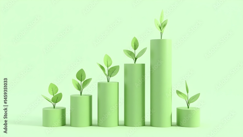 Green growth concept, plant seedlings on ascending bar graph, financial success
metaphor, sustainability visualization, environmental progress chart, organic business growth, eco-friendly investment,