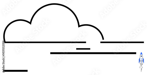 Large abstract cloud shape with horizontal lines and a small rocket launching upward. Ideal for technology, innovation, progress, cloud computing, startup, creativity, simple landing page