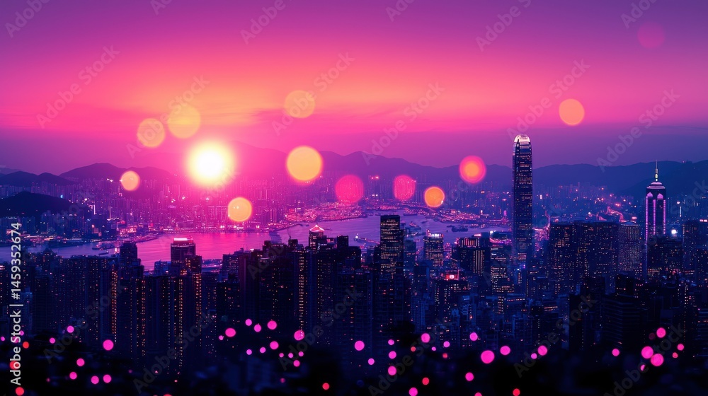 Fototapeta premium Vibrant city skyline at sunset, bokeh lights creating a dreamy, urban atmosphere