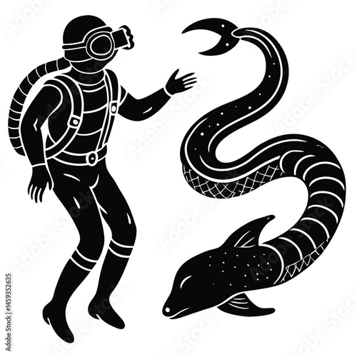 Scuba diving vector silhouette illustration Diver and sea snake