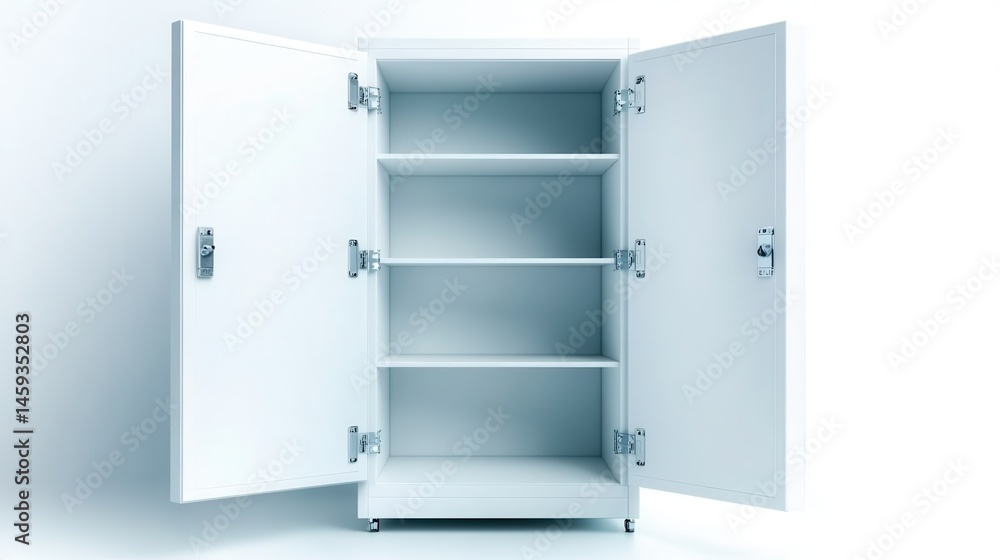 This image features a modern white cabinet with open doors, showcasing empty shelves, perfect for a minimalist design or storage solution in contemporary interiors. This image features a modern white cabinet with open doors, showcasing empty shelves, perfect for a minimalist design or storage solution in contemporary interiors.