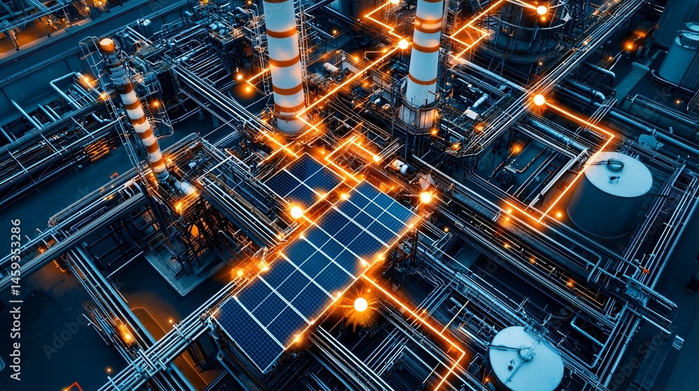 Fototapeta premium Rooftop solar panels on an industrial factory connected to smart power grid, low-angle lighting with urban skyline in distance, eco-aware infrastructure