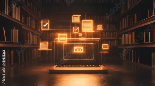 Digital documents and email on laptop in library setting