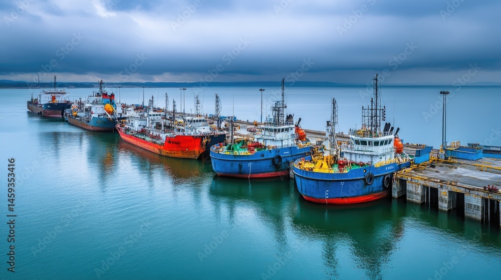 Fototapeta premium Multiple tankers docked at industrial oil terminal under overcast sky