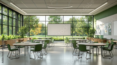 Modern, bright classroom with large windows overlooking a tranquil garden.  Round tables and matching chairs fill the space, creating a collaborative environment. 