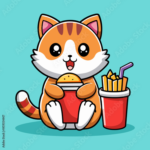 Download Cute Cat Drink Soda And Eating French Fries Cartoon Vector  Eps File For Design.