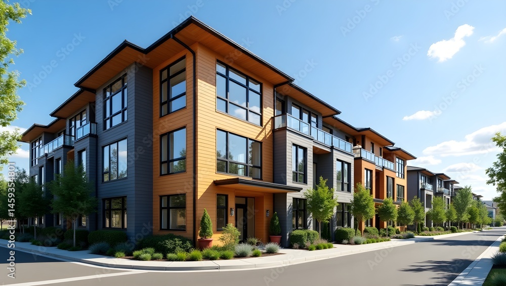Modern apartment buildings, urban residential development, multi-story townhouses, contemporary architecture, orange and gray exterior, large windows, balconies, free-lined street, blue sky, sunny day Modern apartment buildings, urban residential development, multi-story townhouses, contemporary architecture, orange and gray exterior, large windows, balconies, free-lined street, blue sky, sunny day