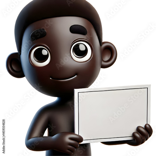 Cute BLACK man 3d holding blank card isolated on white background