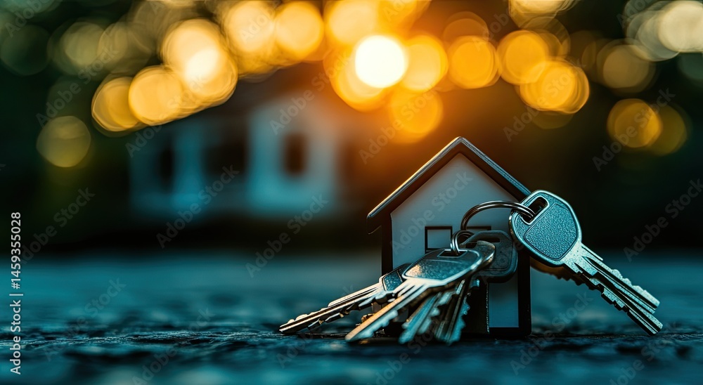 Miniature house with keys, symbolizing homeownership. A small model home sits on a dark surface, surrounded by several keys. A blurred background of a house and sunset suggests a new beginning Miniature house with keys, symbolizing homeownership. A small model home sits on a dark surface, surrounded by several keys. A blurred background of a house and sunset suggests a new beginning