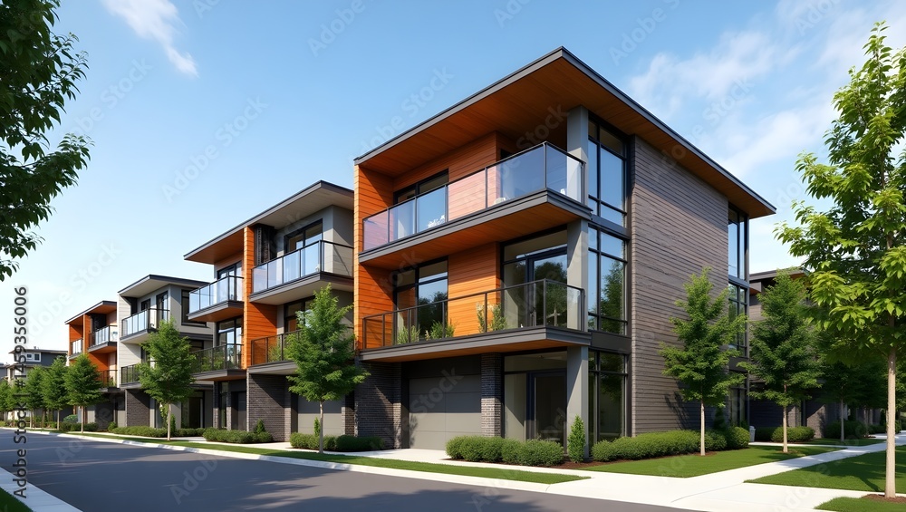 Modern apartment buildings, urban residential development, multi-story townhouses, contemporary architecture, orange and gray exterior, large windows, balconies, free-lined street, blue sky, sunny day
