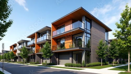 Obraz na płótnie Modern apartment buildings, urban residential development, multi-story townhouses, contemporary architecture, orange and gray exterior, large windows, balconies, free-lined street, blue sky, sunny day w salonie