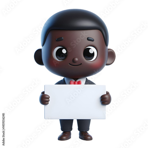 Cute BLACK man 3d holding blank card isolated on white background