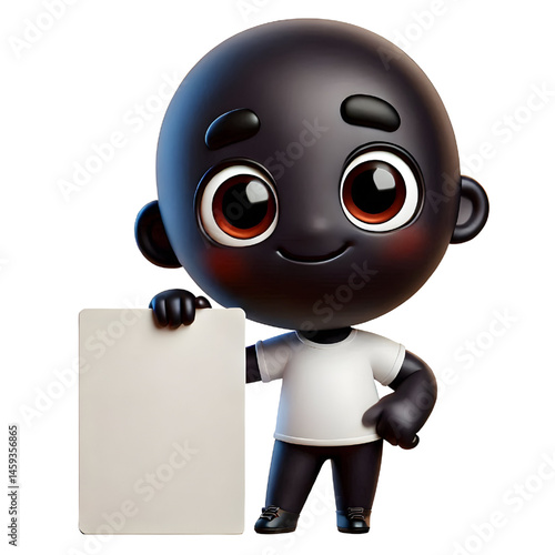 Cute BLACK man 3d holding blank card isolated on white background