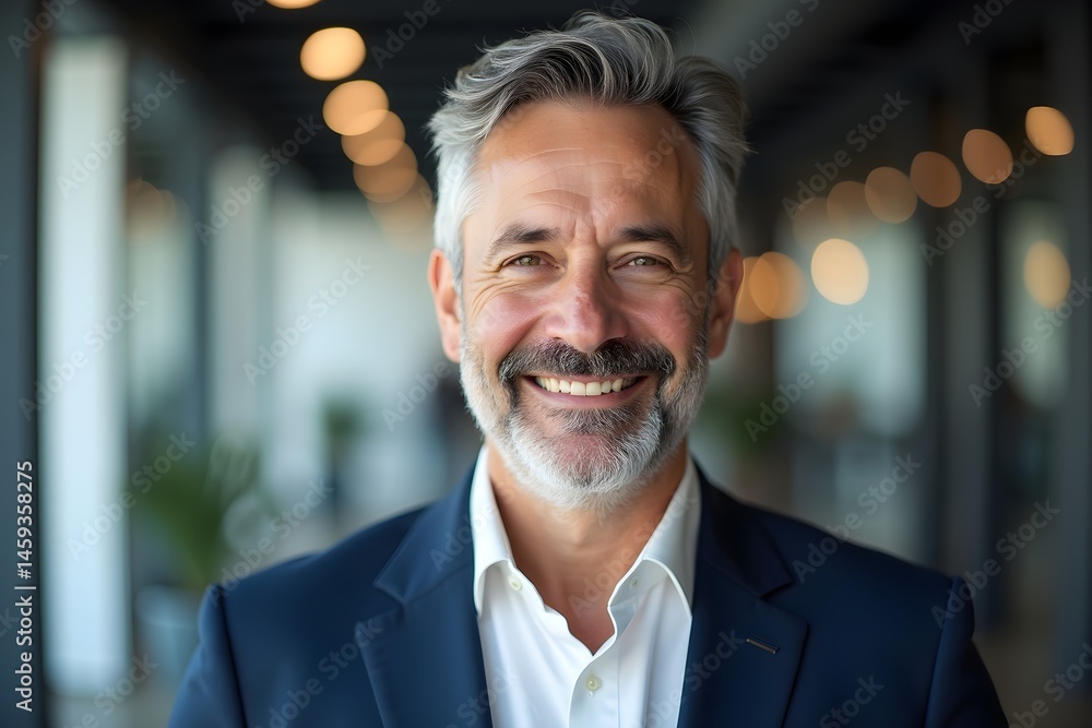 Middle-aged man, salt and pepper hair, beard, warm smile, confident posture, navy blue suit jacket, white shirt, no tie, office environment, large windows, blurred background, soft lighting, professio