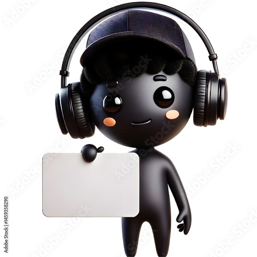 Cute BLACK man 3d holding blank card isolated on white background