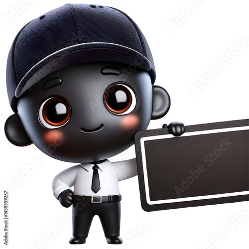 Cute BLACK man 3d holding blank card isolated on white background