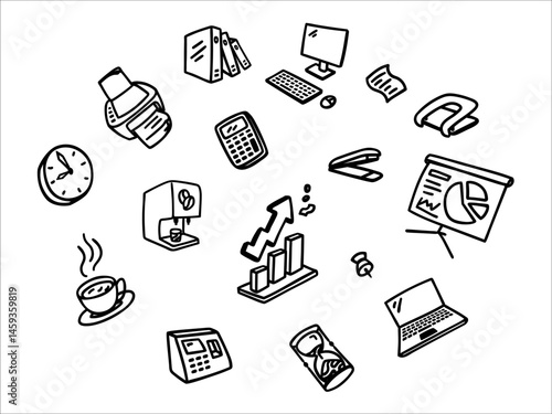 Φωτογραφία Workplace Essentials Doodle icon set, hans drawn office productivity tools