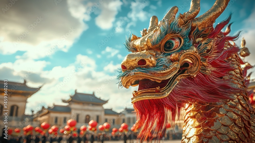 Fototapeta premium Majestic Chinese Dragon Celebration Parade Against Historic Temple Backdrop