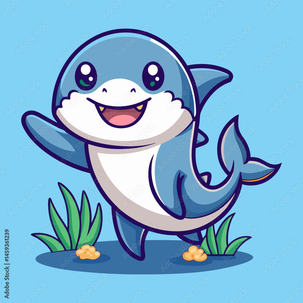 Naklejka premium Download Cute Shark Waving Hand Cartoon Vector Icon Illustration Eps File For Design.