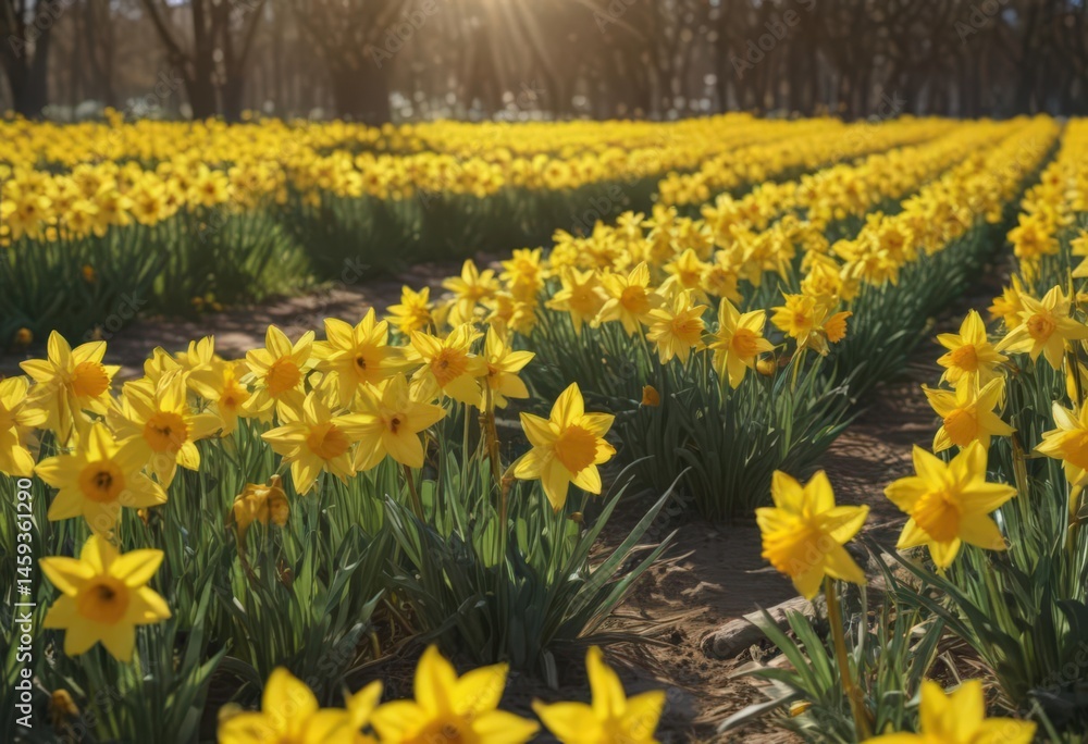 Fototapeta premium Sunlit field of vibrant yellow daffodils in full bloom , yellow, daffodil field
