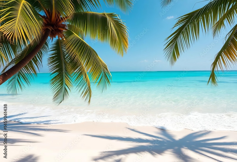 Fototapeta premium Azure turquoise water laps a white sand beach; palm trees sway in the warm breeze, sun, scenic