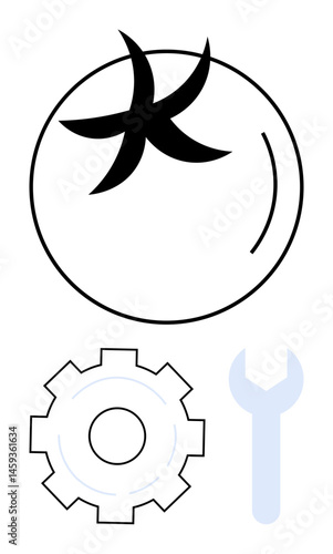 Tomato with star stem, gear, and wrench embody the integration of agriculture and technology. Ideal for innovation, food industry, machinery, engineering, farming tools, development simple landing