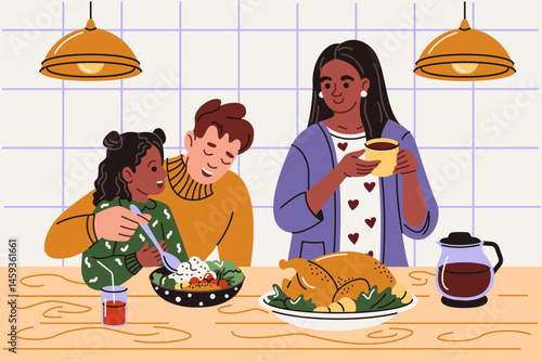A happy family, parents with a child enjoying dinner together. Mother, father and daughter eat, drink drinks, communicate with each other. Vector illustration