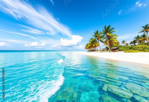 Fototapeta Naklejka Na Ścianę i Meble -  Azure water laps white sand, palm trees sway in gentle breeze, vibrant coral reef visible below, exotic, island