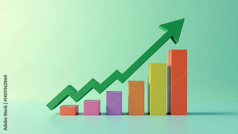 Rising graph chart with green upward arrow, minimalist 3D Rising graph chart with green upward arrow, minimalist 3D
