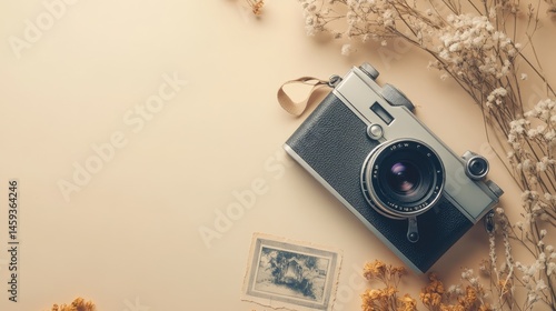 Elegant vintage film camera with dried flowers and old photograph on beige background and free place for text
