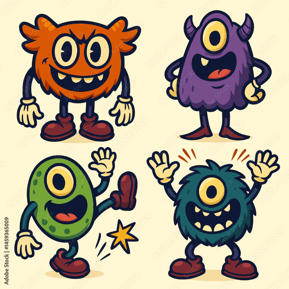 Fototapeta premium Cartoon Monsters Characters Collection Happy and Expressive Colorful Creatures