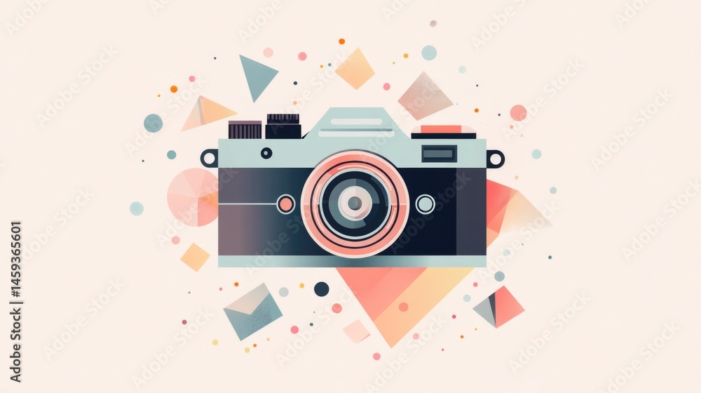 Fototapeta premium Retro camera illustration with geometric shapes and pastel colors on light background