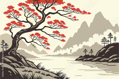 72 Traditional Chinese landscape painting, misty mountains, serene lake, rocky shores, twisted pine trees, vibrant red autumn foliage, ink wash technique, ethereal atmosphere, muted color palette, dis