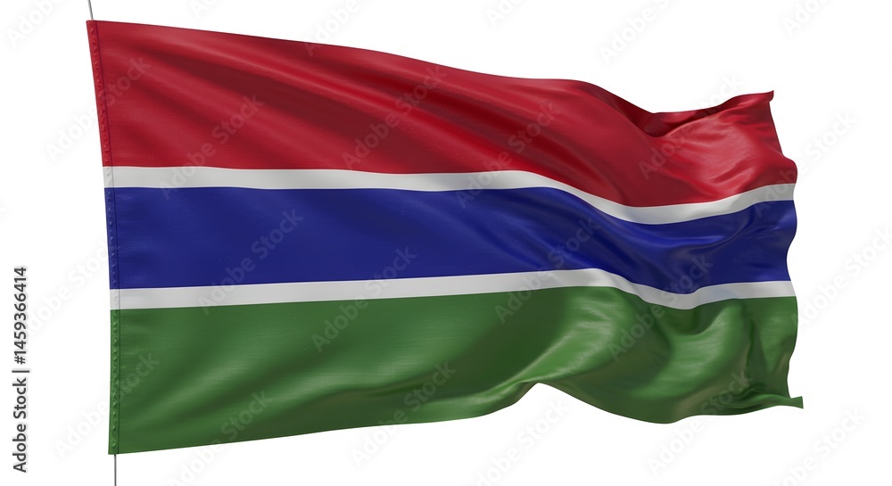 Fototapeta premium Realistic photography photo of a tricolor horizontal flag with red, blue, and green stripes separated by white lines, symbolizing unity and cultural identity. AI-generated image. 